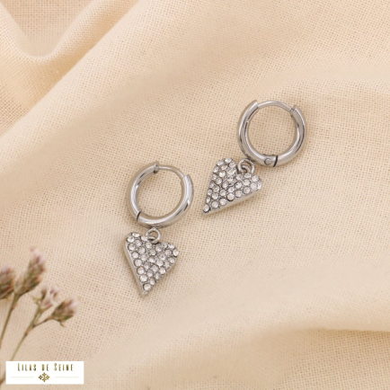 Boucles d'oreilles mini-créoles acier inoxydable cœur pavé de strass 0324515 argenté