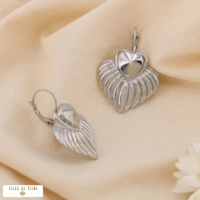 Boucles d'oreilles pendantes acier en forme de cœur texturé 0324564 argenté