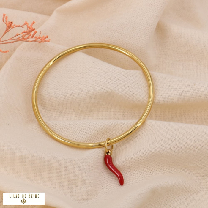 Bracelet jonc acier inoxydable avec charm piment rouge 0224588 rouge