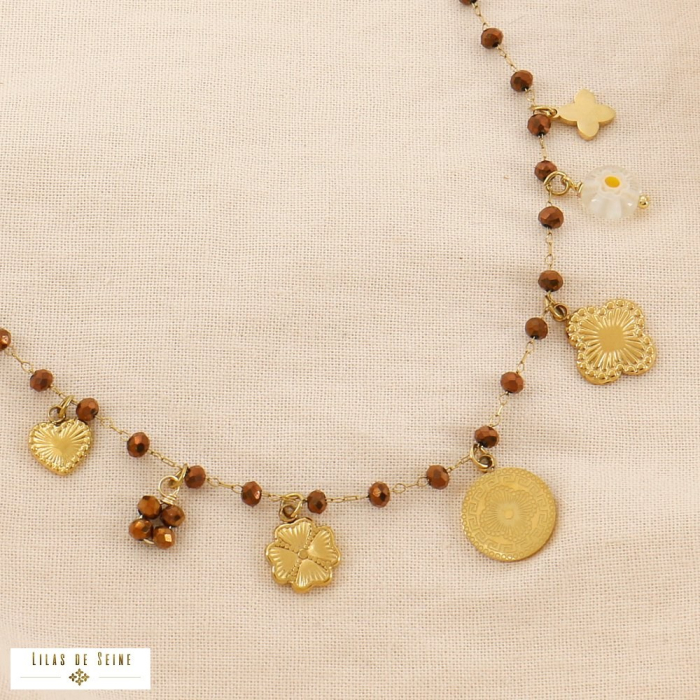 Collier acier inoxydable cristal breloques trèfle coeur 0124597 bronze
