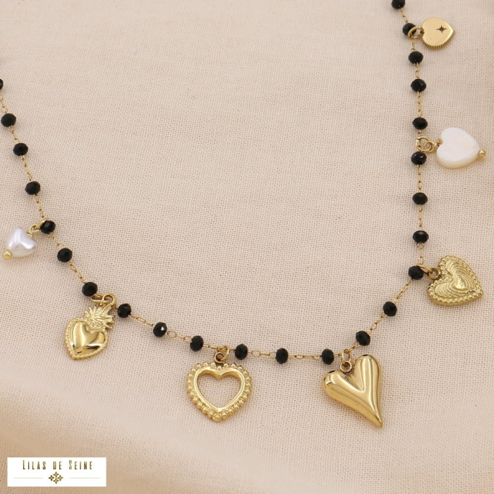 Collier acier inoxydable cristal nacre breloques coeur 0124596 noir
