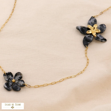 Collier sautoir acier inoxydable fleur écaille de tortue résine 0124578 noir