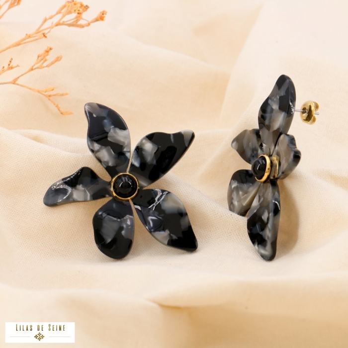Boucles d'oreilles acier inox fleur écaille de tortue résine 0324606 noir