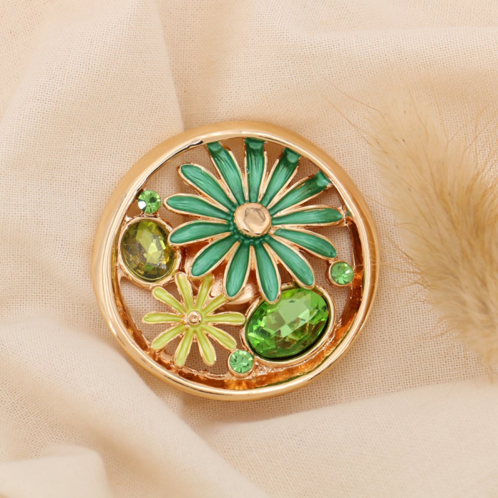 Broche aimantée ronde fleur filigrane métal strass émail 0524513 vert