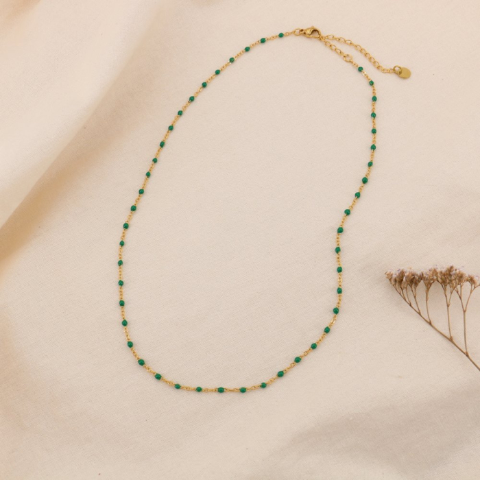 Collier chapelet billes émaillées minimaliste acier inoxydable 0124187 vert foncé