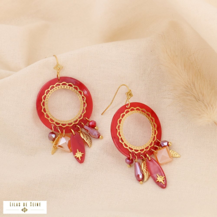 Boucles d'oreilles bohème acier inoxydable résine cristal 0324633 rouge