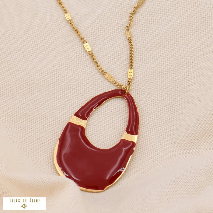 Collier acier inoxydable émail goutte géométrique gravé 0124609 rouge bordeaux