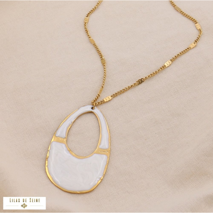 Collier acier inoxydable émail goutte géométrique gravé 0124609 blanc