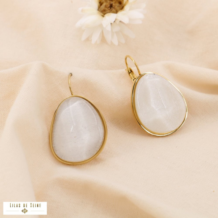 Boucles d’Oreilles Acier Inoxydable Galet Résine Colorée 0325001 blanc