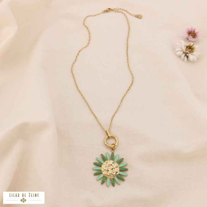 Collier Acier Inoxydable avec Pendentif Fleur en Émail 0125033 vert kaki