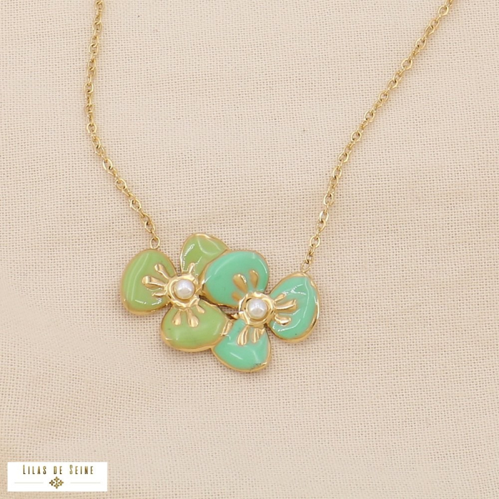 Collier Acier Inoxydable avec Pendentif Duo de Fleurs en Émail 0125032 vert kaki