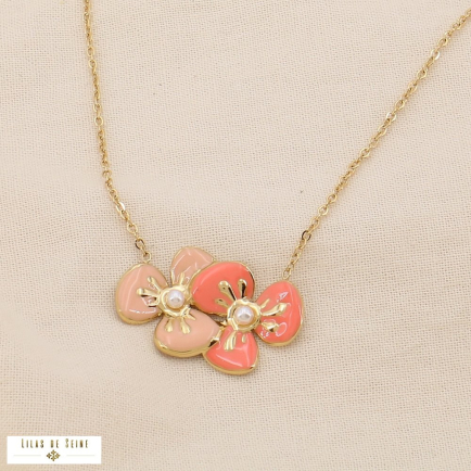 Collier Acier Inoxydable avec Pendentif Duo de Fleurs en Émail 0125032 rose nude