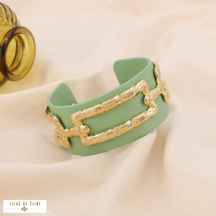 Bracelet Manchette Contemporain Simili-Cuir Acier 0225022 vert kaki