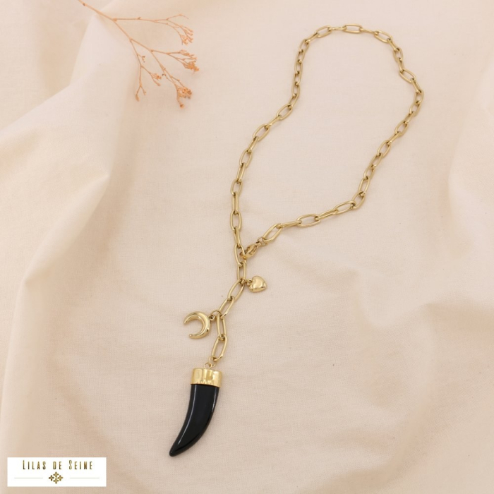 Collier Lariat Chaîne Acier Trombone Pendentif Corne Charms 0125007 noir