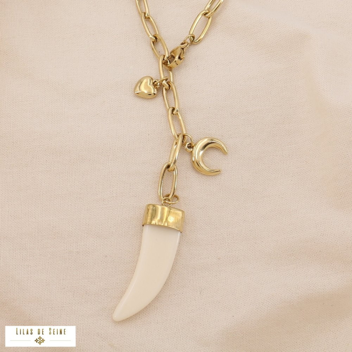 Collier Lariat Chaîne Acier Trombone Pendentif Corne Charms 0125007 naturel/beige