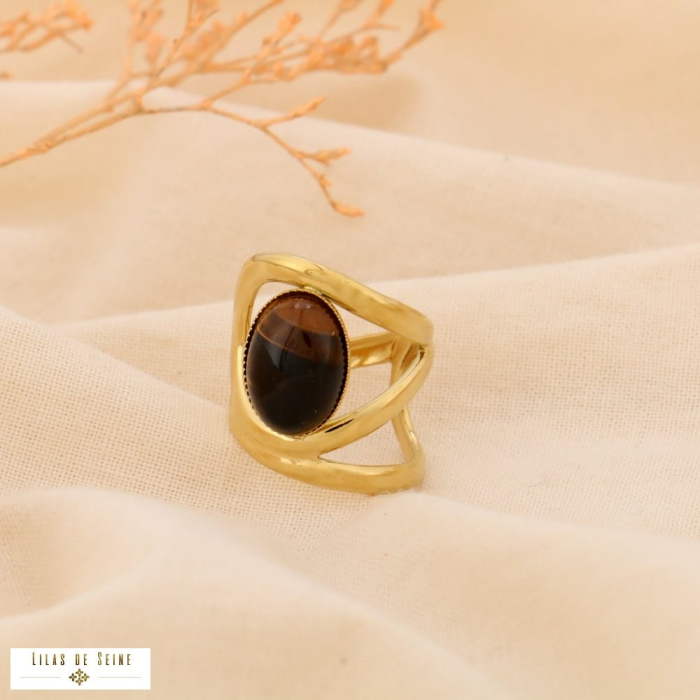 Bague Large Acier Inoxydable Cabochon Ovale Pierre Nacre 0425031 marron