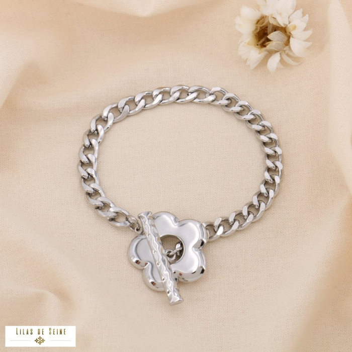 Bracelet Acier Gourmette Fermoir Toggle Fleur Stylisée 0225014 argenté