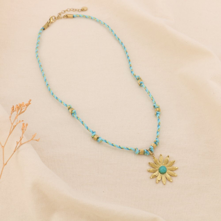 Collier Fleur d'Été en Acier et Cordon Tressé 0125039 bleu turquoise