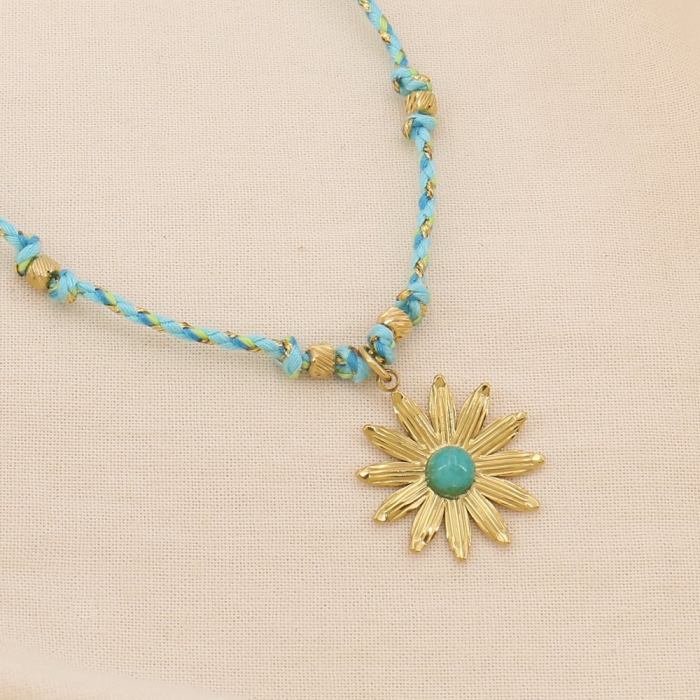 Collier Fleur d'Été en Acier et Cordon Tressé 0125039 bleu turquoise