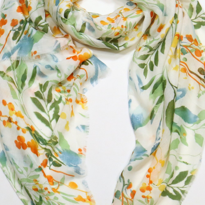 Foulard Mousseline Coton Viscose Motif Floral 0725013 vert