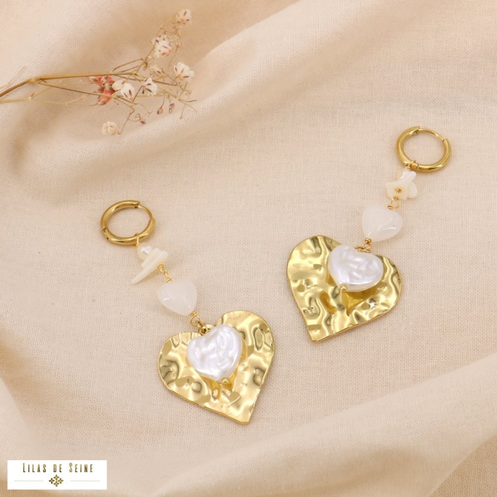 Boucles d'oreilles acier inoxydable bohême pierre perle coeur 0325035 blanc