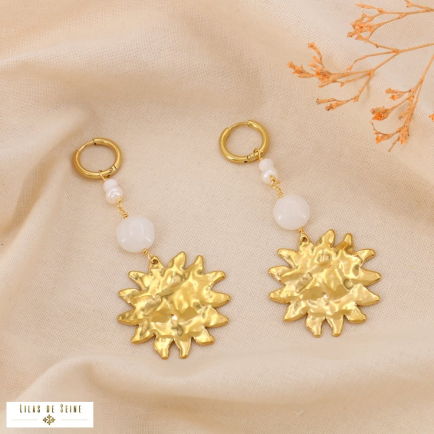 Boucles d'oreilles acier inoxydable martelé soleil pierre perle 0325059 blanc