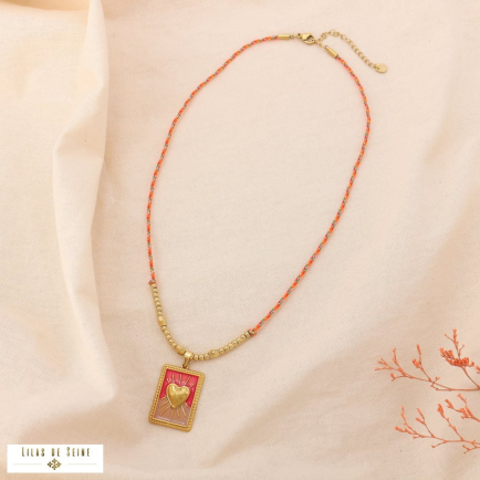 Collier Pendentif Coeur Acier Email Cordon Multicolore 0125093 rouge corail