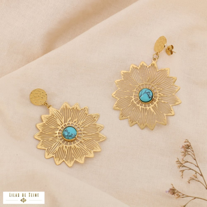 Boucles d’Oreilles Acier Fleur de Soleil Cabochon Pierre Nacre 0325016 bleu turquoise
