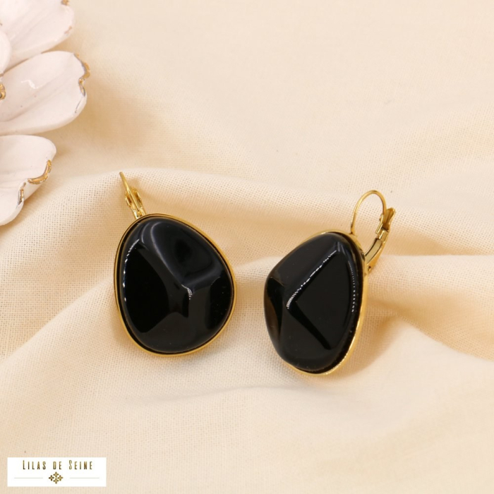 Boucles d’Oreilles Acier Inoxydable Galet Résine Colorée 0325001 noir