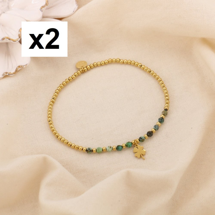 2 Bracelets Élastiques Billes Acier Pierre trèfle 0225052 vert kaki