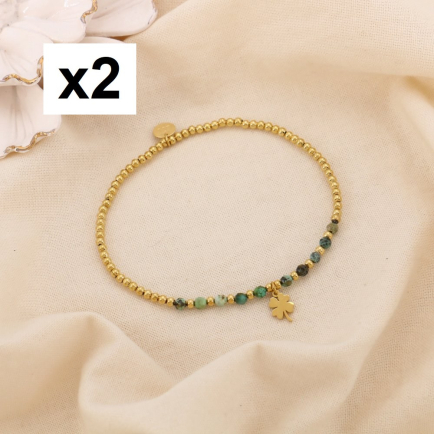 2 Bracelets Élastiques Billes Acier Pierre trèfle 0225052 vert kaki