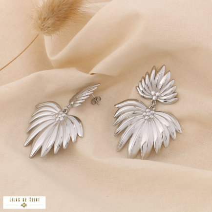 Boucles d'oreilles acier inoxydable feuilles de palmier 0325070 argenté