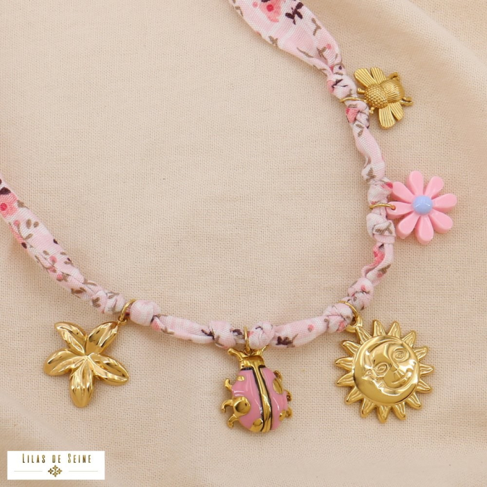 Collier acier inoxydable tissu liberty bohème breloques noué 0125057 rose