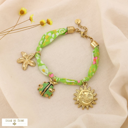 Bracelet acier inoxydable tissu liberty bohème breloques noué 0225038 vert