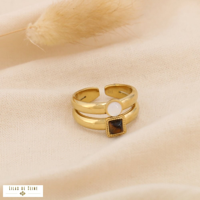 Bague réglable double-anneaux acier cabochons pierre ou nacre 0425029 marron
