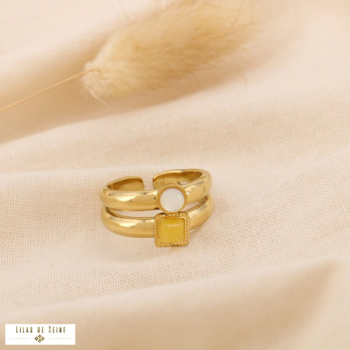 Bague réglable double-anneaux acier cabochons pierre ou nacre 0425029 jaune