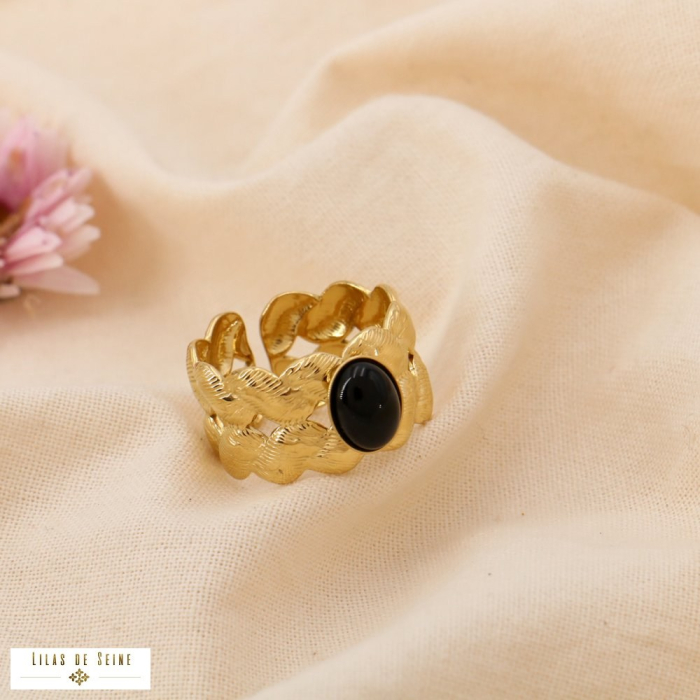Bague réglable acier chevron cabochons pierre ou nacre 0425034 noir