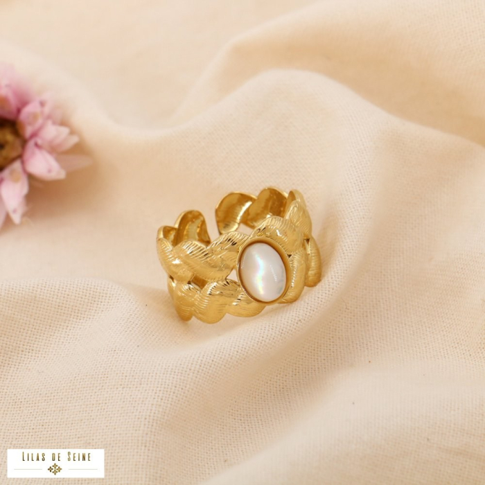 Bague réglable acier chevron cabochons pierre ou nacre 0425034 blanc