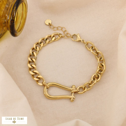 Bracelet Chaîne Maille Mixte Gourmette Fermoir Design Acier 0225007 doré