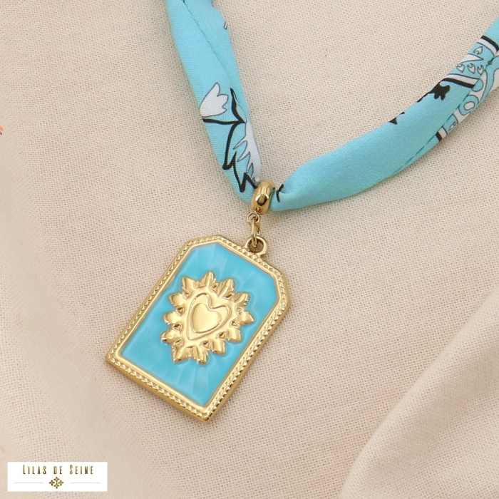 Collier Bohème Tissu Coloré Acier Coeur Email 0125028 bleu turquoise