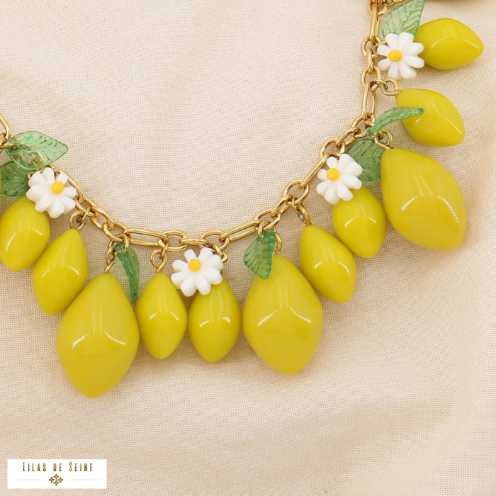 Collier Acier Breloques Citron Marguerite Feuille 0125059 jaune