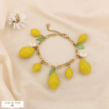 Bracelet Acier Breloques Citron Marguerite Feuille 0225040 jaune