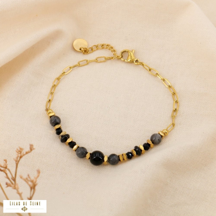 Bracelet Chaîne Rectangle Acier Billes Pierre 0225120 noir