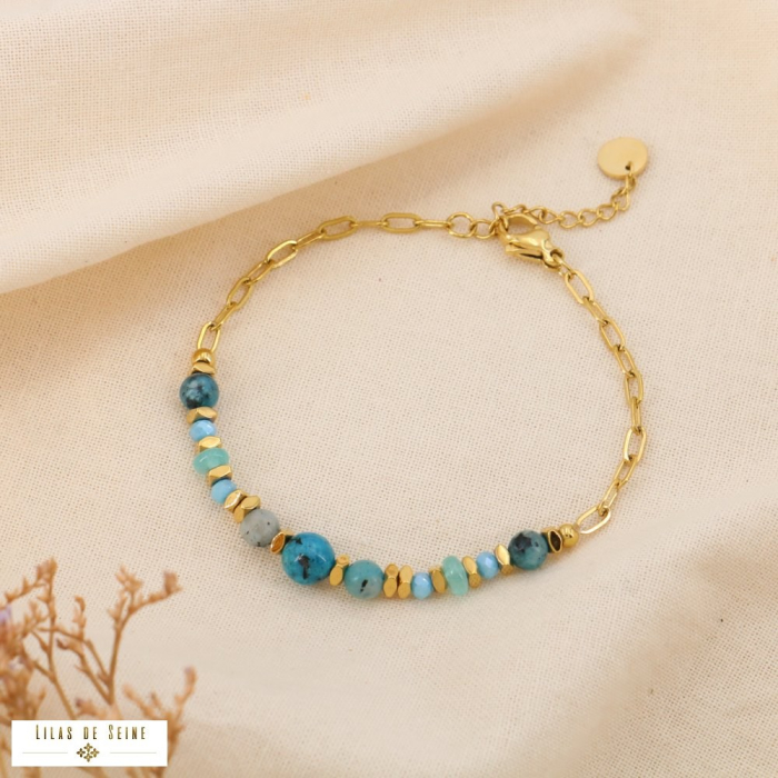 Bracelet Chaîne Rectangle Acier Billes Pierre 0225120 bleu