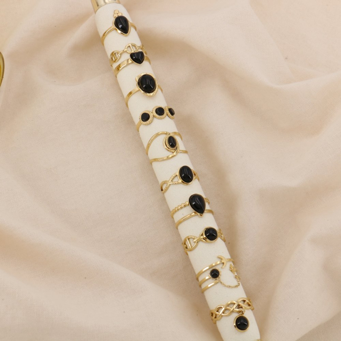 Ensemble 10 Bagues Acier Inoxydable Pierre ou Nacre 0425006 noir