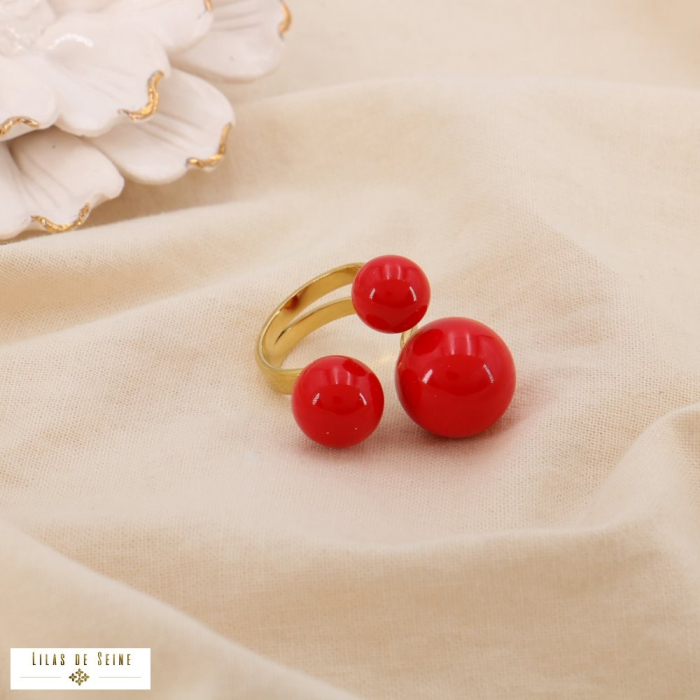 Bague Ajustable Acier Inoxydable 3 Sphères Émail 0425035 rouge bordeaux