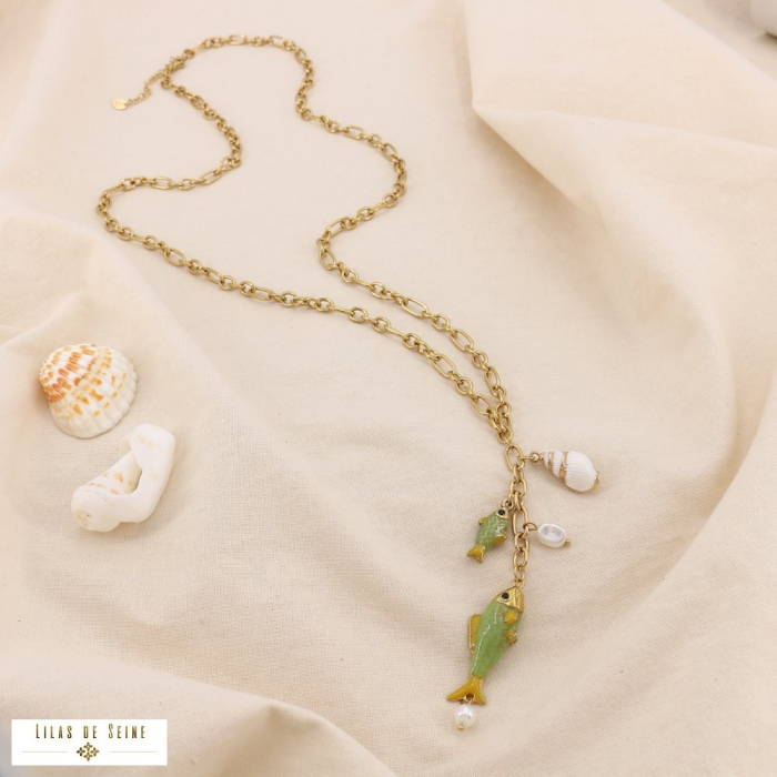 Collier sautoir acier polisson coquillage perle 0125053 vert kaki