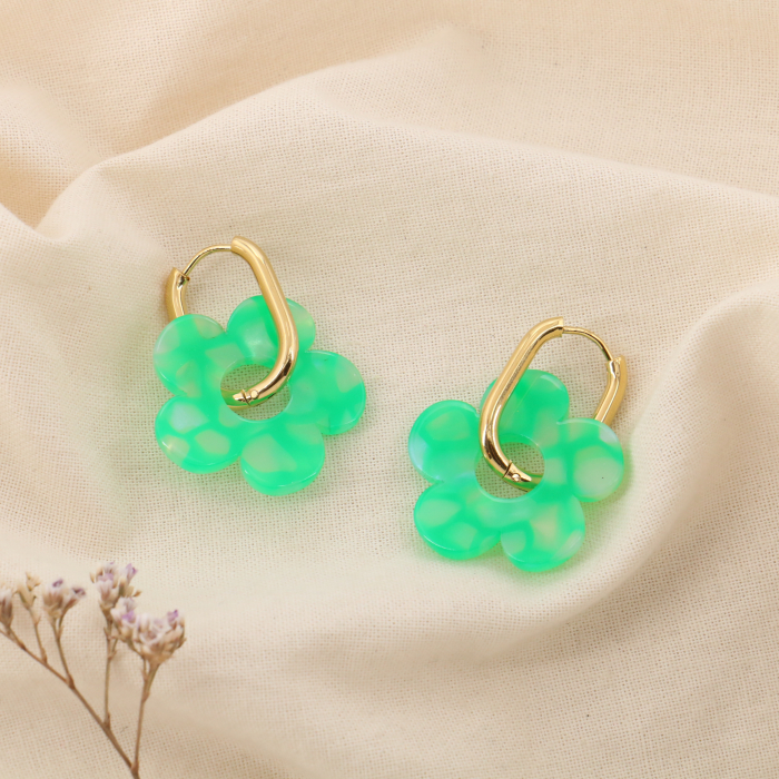 Boucles d'oreilles créoles acier inox fleur résine colorée 0325067 vert