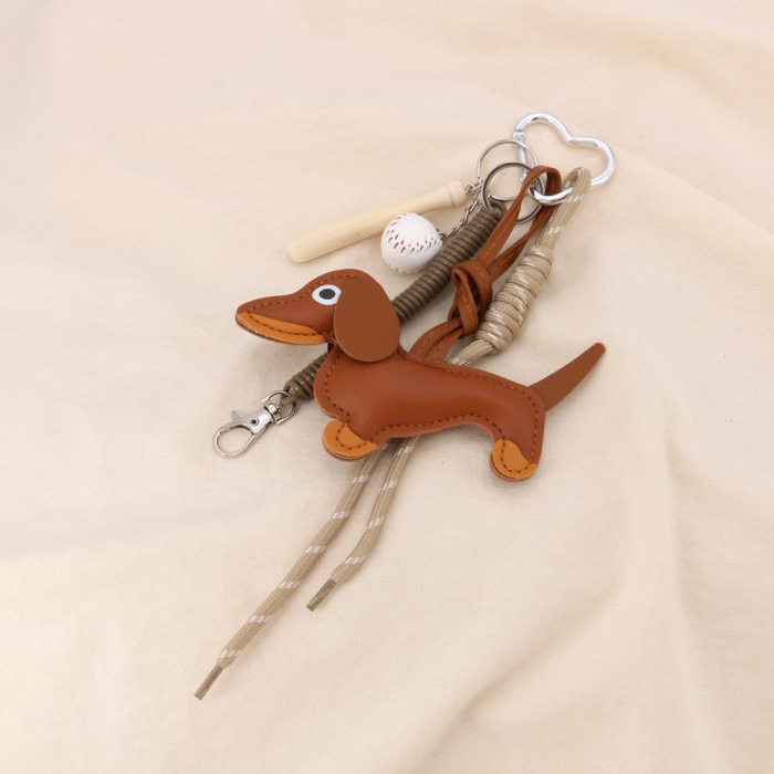 Bijou de sac ou porte-clés chien baseball métal simili-cuir bois 0825006 marron