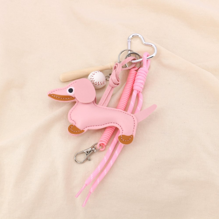 Bijou de sac ou porte-clés chien baseball métal simili-cuir bois 0825006 rose nude